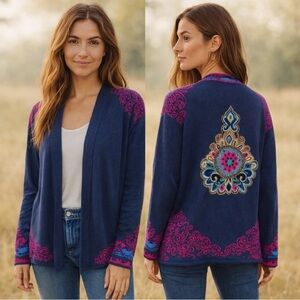 IVKO Embroidered Cardigan Navy Multicolor Boho Knit EU 40 Medium
